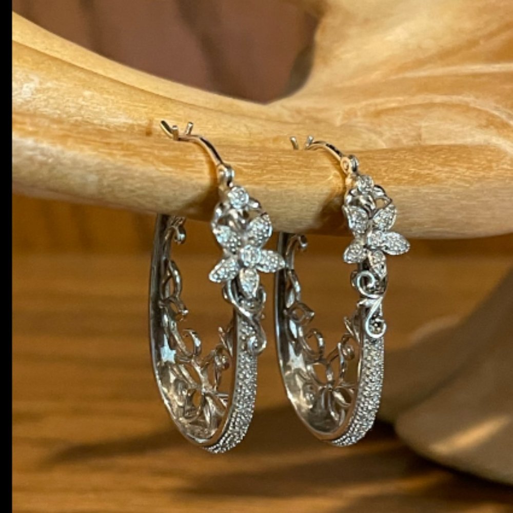 Sterling filigree and white zircon hoop earrings